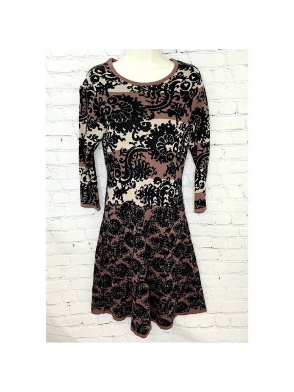 NINE WEST JACQUARD BROWN BLACK PRINT SWEATER DRESS - S